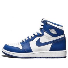 The Air Jordan 1 Retro High OG BG 'Storm Blue' is a classic colorway of Michael Jordan's first signature shoe that is finally seeing a retro release in December 2016. The design of the shoe combines white leather on the side panel and forefoot with cracked Storm Blue on the Swoosh branding, ankle collar, and toecap. The shoe also comes with classic Nike Air and Wings branding, a white midsole, and a Storm Blue outsole. This is a must-have sneaker for any Air Jordan or Nike fan, so don't miss you Classic Blue Lace-up High-top Sneakers, Classic Blue Basketball Shoes For Sports, Classic Blue Basketball Shoes, Classic Blue High-top Sneakers For Streetwear, Blue Classic Breathable Sneakers, Blue High-top Breathable Jordan Shoes, Blue Breathable High-top Jordan Shoes, Classic Blue High-top Sneakers With Round Toe, Classic Blue Basketball Shoes With Round Toe