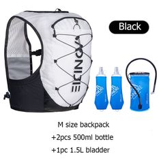 the back pack has two bottles and one water bottle in it, with an additional pouch for