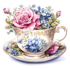 a drawing of a teacup with flowers in it and saucer on the side