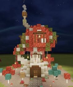 an image of a red mushroom house in the night