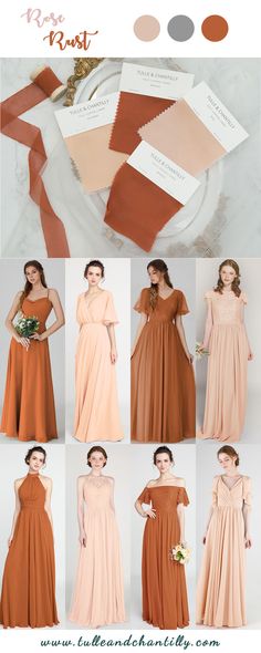 the bridesmaid's dresses are all different colors and sizes