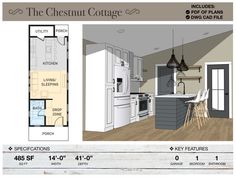 the chesnut cottage floor plan is shown in three different sections, including one kitchen and