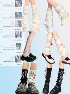 three pairs of shoes with different designs on the legs and feet, all in various colors