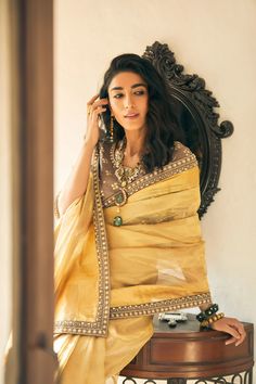 Gold Tissue Saree, Gold Saree, Indian Dress Up, Hand Embroidered Blouse, A Simple Life, Tissue Saree, Indian Saree Blouse, Indian Saree Blouses Designs, Saree Photoshoot