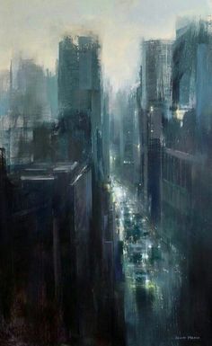 an abstract painting of cityscape with buildings and cars