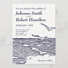 a wedding card with an image of a seagull flying over the ocean