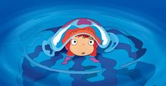 a cartoon character floating in the water with his head above the surface, wearing a red hat