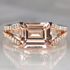 2.7 EMERALD CUT MORGANITE .60ct DIAMOND COCKTAIL RING EAST WEST PINK ROSE GOLD Rose Gold Halo Engagement Ring, Engagement Ring Halo, Peach Morganite, Ring Halo, White Gold Set, Morganite Engagement, Pink Morganite, Natural Diamond Engagement Ring, Morganite Engagement Ring