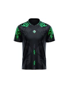 a black shirt with green designs on the front and side, it's short sleeves