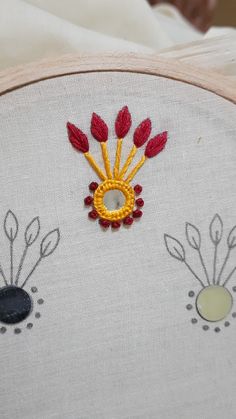 a close up of a piece of embroidery on a white cloth with red and yellow flowers