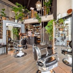 a salon with lots of chairs and plants