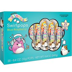 six blue raspberry flavored toothbrushes in a box with an animal on the front