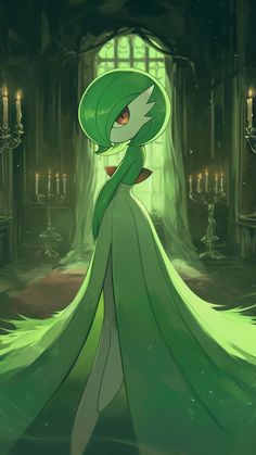 a woman in a green dress and hat standing in front of a chandelier