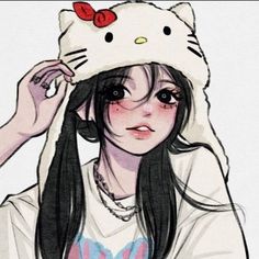 a drawing of a girl with long hair wearing a hello kitty hat on her head