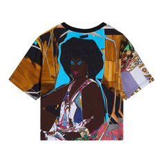 Mickalene Thomas's Le Déjeuner sur l'herbe: Les trois femmes noires has been artfully adapted into an allover-print for this sporty cropped tee by Studio Mickalene. Details 100% combed cotton jersey with all-over print Women's sizing, XS to 2XL Crew neck, cropped hem © Mickalene Thomas See this work in person during special exhibition Mickalene Thomas: All About Love at the Barnes. Multicolor Cropped Top With Graphic Print, Summer Cotton Tops With Exclusive Print, Multicolor Graphic Print Crew Neck Crop Top, Relaxed Fit Multicolor Graphic Print Tops, Multicolor Graphic Print Crop Top, Relaxed Fit Multicolor Print Top, Short Sleeve Graphic Tee With Abstract Print, Relaxed Fit Tops With Unique Print And Short Sleeves, Relaxed Fit Cropped T-shirt With Graphic Print