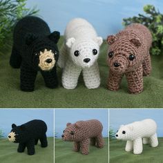 crocheted polar bears are shown in four different colors and sizes, including black, white, brown, and tan