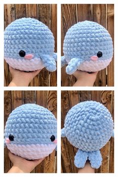 four pictures of a hand holding a blue crocheted stuffed animal