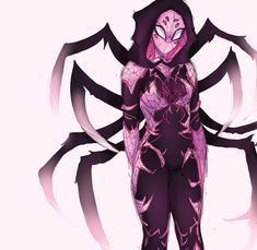 a drawing of a woman with spider - man skin and purple hair, standing in front of an abstract background