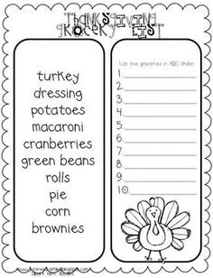 thanksgiving grocery list with turkeys and other things to write on it's side