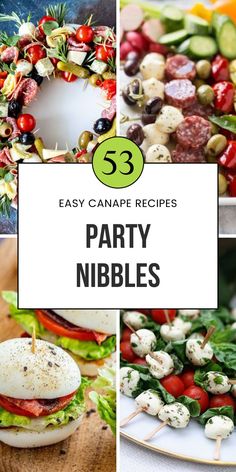 the top five party nibbles are shown in this collage with text overlay that reads 53 easy camppe recipes