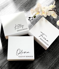 three wedding cards with the names of bridesmaid and maid of honour written on them