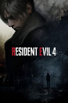 the cover for resident evil 4, with an image of a man standing in front of trees