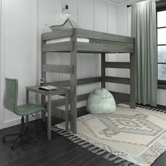 a bunk bed sitting next to a desk with a chair and rug on top of it