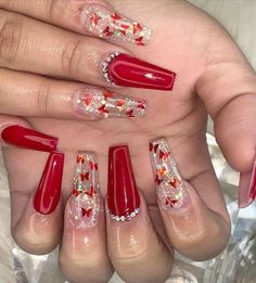 Red Sparkle Nails, Nail Noel, Prom Nails Red, Red And Gold Nails, Red Nails Glitter, Gold Acrylic Nails, Red Acrylic Nails