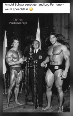 three men standing next to each other in front of flags and posing for the camera