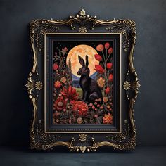 a painting of a rabbit sitting in front of a full moon surrounded by flowers and plants