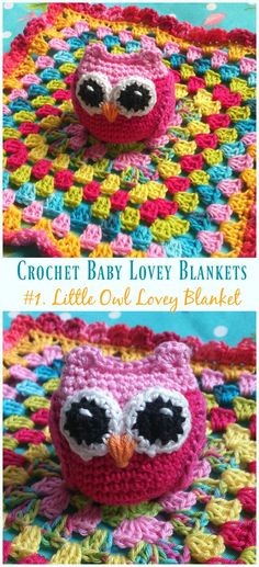 crochet baby lovey blanket with an owl on top and the words, croche