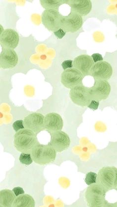 an abstract painting of white and green flowers on a light green background with yellow centers