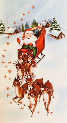 a santa clause is riding in a sleigh with reindeers and other animals