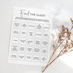 a printable friend the guest game on a white background with dried flowers and leaves