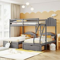 a bedroom with two bunk beds and a dresser