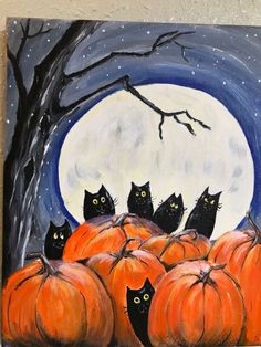 a painting of black cats sitting on pumpkins in front of a full moon and tree