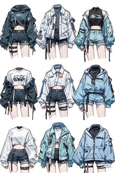 several different types of jackets and shorts on mannequin's torsos, each with