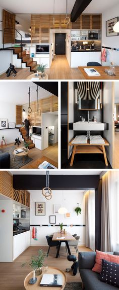 four different pictures of a living room, kitchen and dining area in one photo with wood paneling on the walls