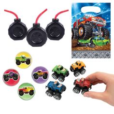 a hand is holding some toy trucks in front of the camera and other items to make it look like they are going on a track