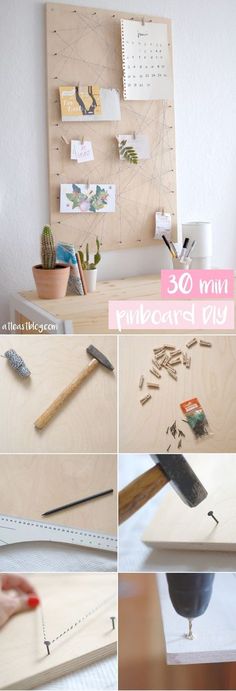 a collage of photos showing the process of making a diy wooden peg board