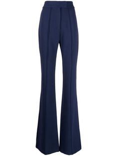 navy blue tonal stitching pleat detailing concealed front fastening high-waisted flared two rear welt pockets straight hem Blue Flare Pants For Work, Elegant Blue Flare Bottoms, Chic Blue Flare Wide Leg Pants, Elegant Trousers With Seam Detailing, Elegant Wide Leg Bottoms With Seam Detailing, Elegant Formal Bottoms With Seam Detailing, Elegant Formal Pants With Seam Detailing, Chic Formal Pants With Seam Detailing, Fitted Wide-leg Pants With Seam Detailing