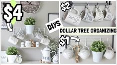 dollar tree organizing with white mugs and potted plants