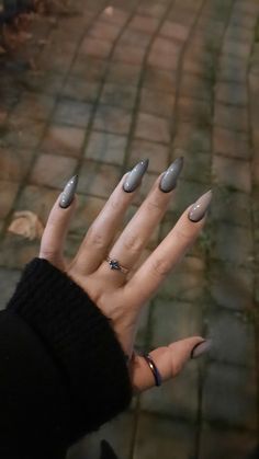 Witchy Almond Shaped Nails, Milky Black Nails Acrylic, Corpse Nails Acrylic, Goth Core Nails, Grey Gothic Nails, Grey Goth Nails, Zombie Acrylic Nails, Dystopian Nails, Gothic Bridal Nails