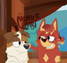 two cartoon dogs standing next to each other in front of a sign that says neru's bar