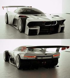 two views of a futuristic car in different angles