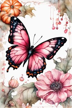 a watercolor painting of a butterfly and flowers