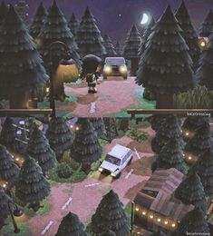 an animated scene with a van driving through the woods at night and in the dark