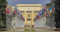 flags are flying in front of the united nations national library, which is also home to the world's largest museum