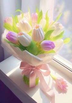 a bouquet of tulips sitting on top of a window sill next to a pink ribbon