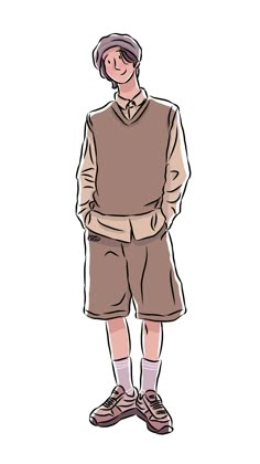 a drawing of a man in shorts and a sweater standing with his hands on his hips